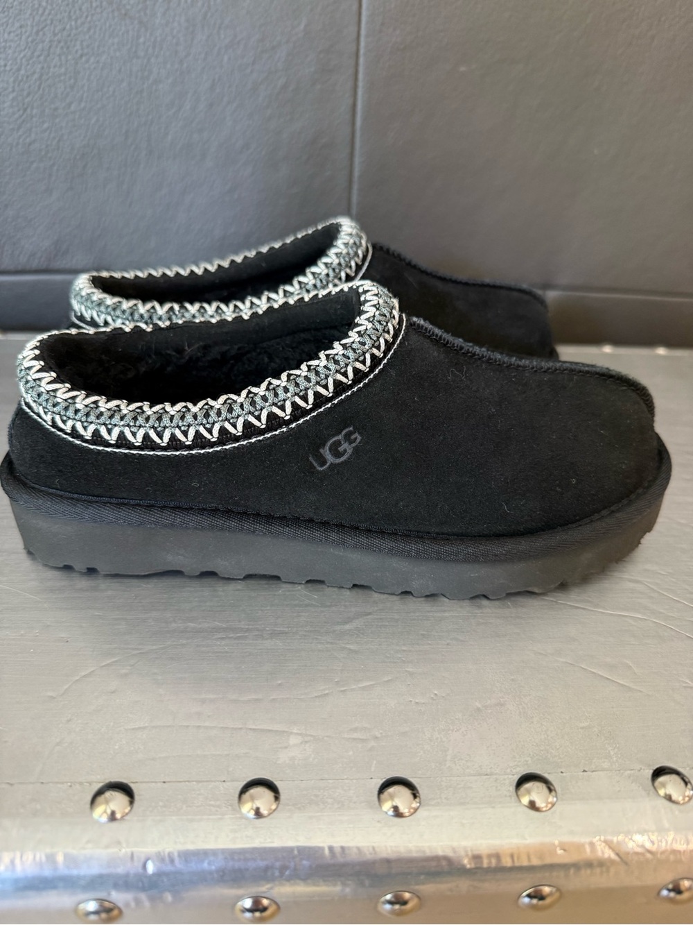 UGG Women's Black Suede Mule with Braided Silver-Trim Collar